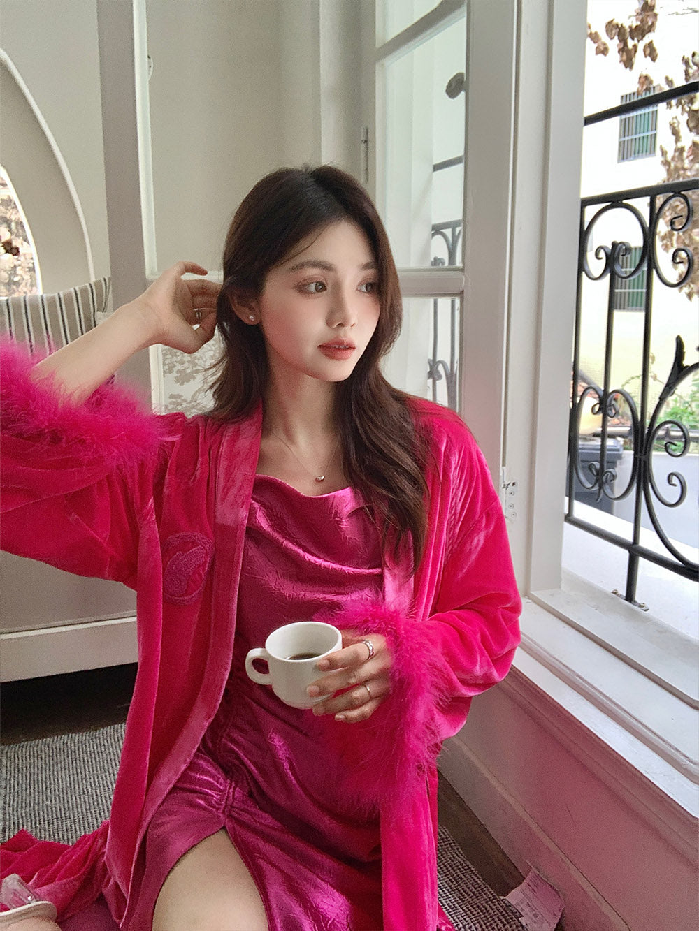 WS Rose Red/ Pink Velvet Turkey Feather Pajamas+Socks