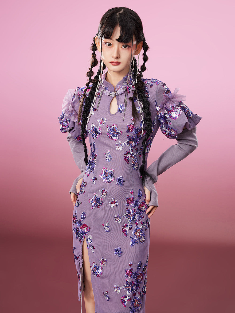 MUKZIN Charming Slim-fitting Purple Slit Original Cheongsam Dress