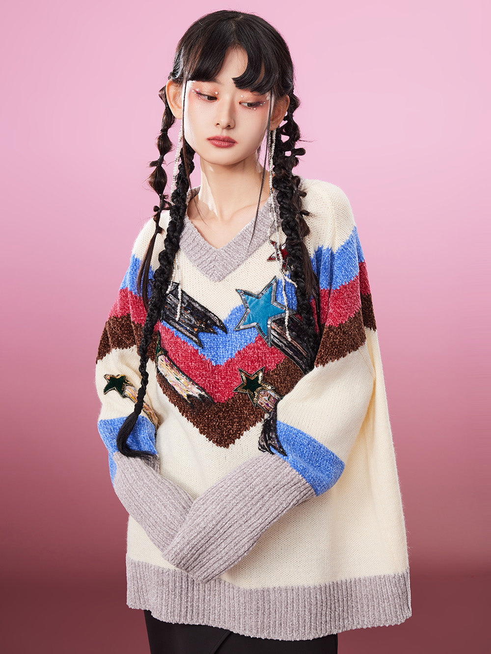 MUKZIN Retro V-neck PatchworkPopular Sweater Contrasting Colors