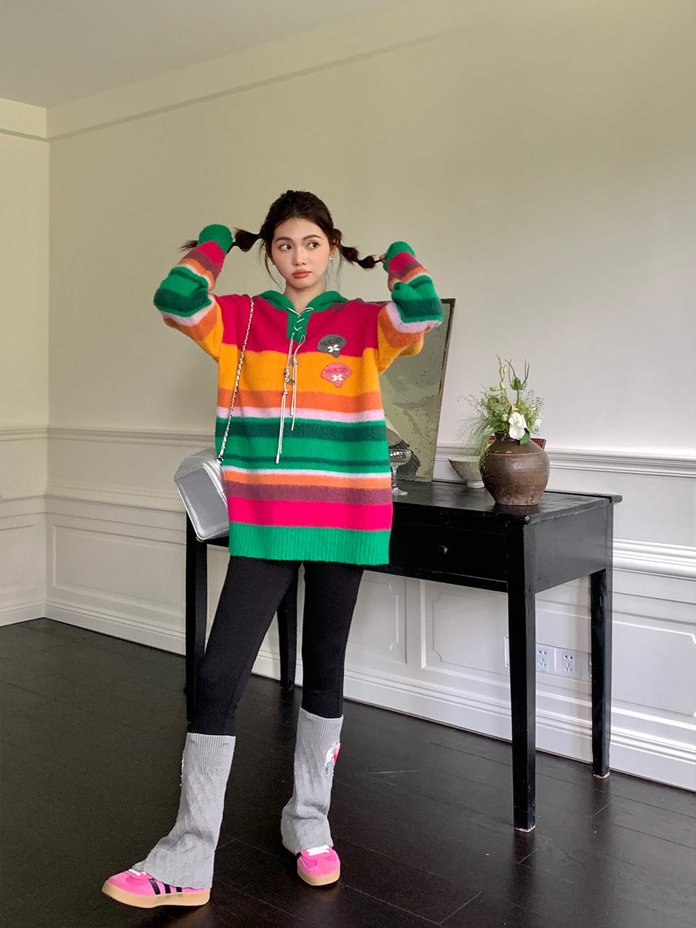 MUKZIN Ginger Rose Red Green Yarn Hooded Sweater