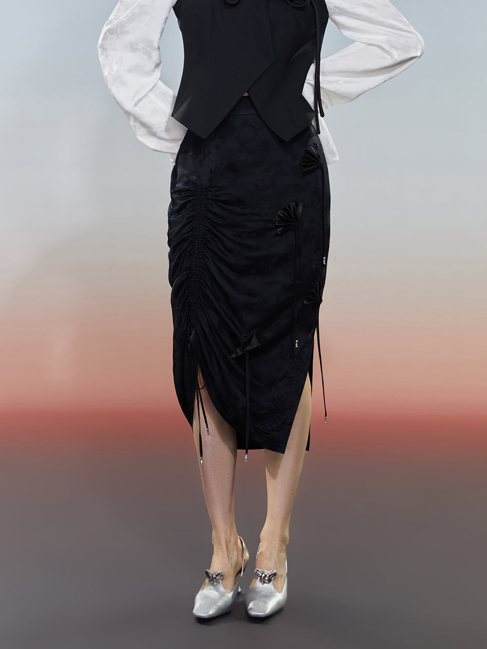 MUKZIN“Capsule Collection”Sheer Embroidered Brown Maxi Skirt | High Waist Boho Slit Skirt