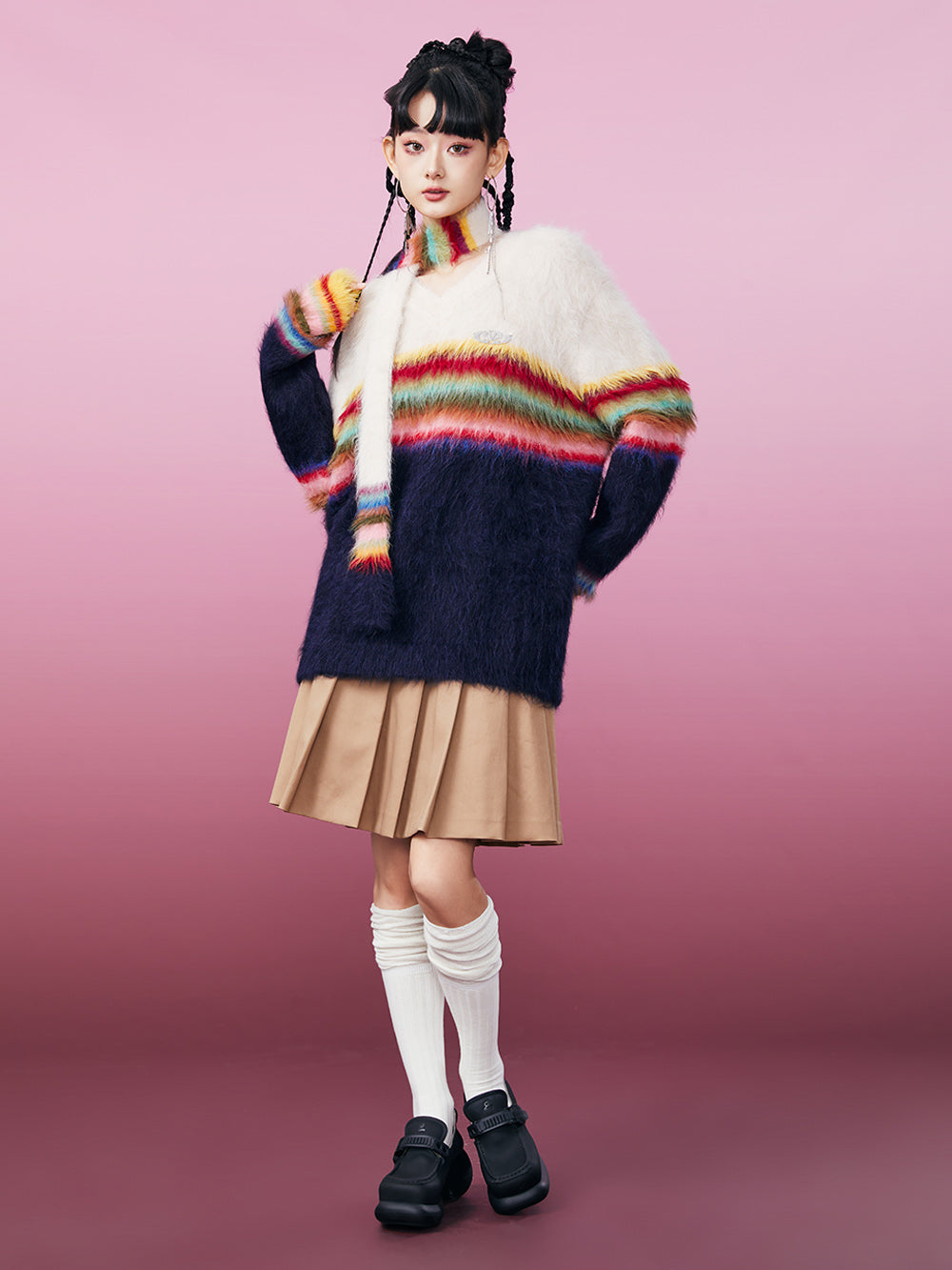 MUKZIN Rainbow Striped Oversized Sweater with Scarf