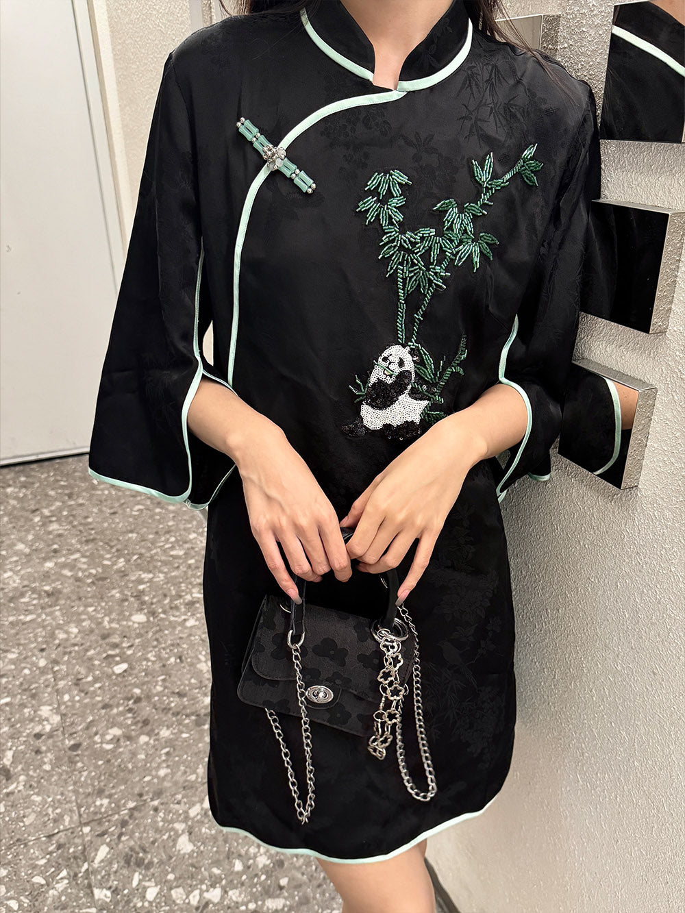 MUKZIN Black Panda Embroidered Cheongsam Dress