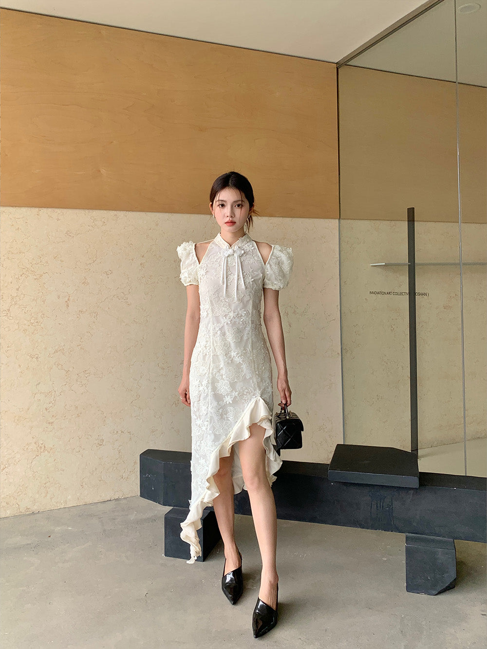 MUKZIN Lace Print Hollow Puff Sleeve Cheongsam Qi Pao