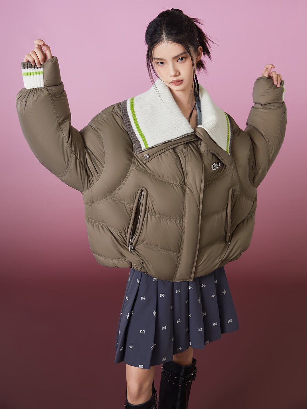 MUKZIN  Khaki Green Warm Versatile Down Jacket with Detachable Collar