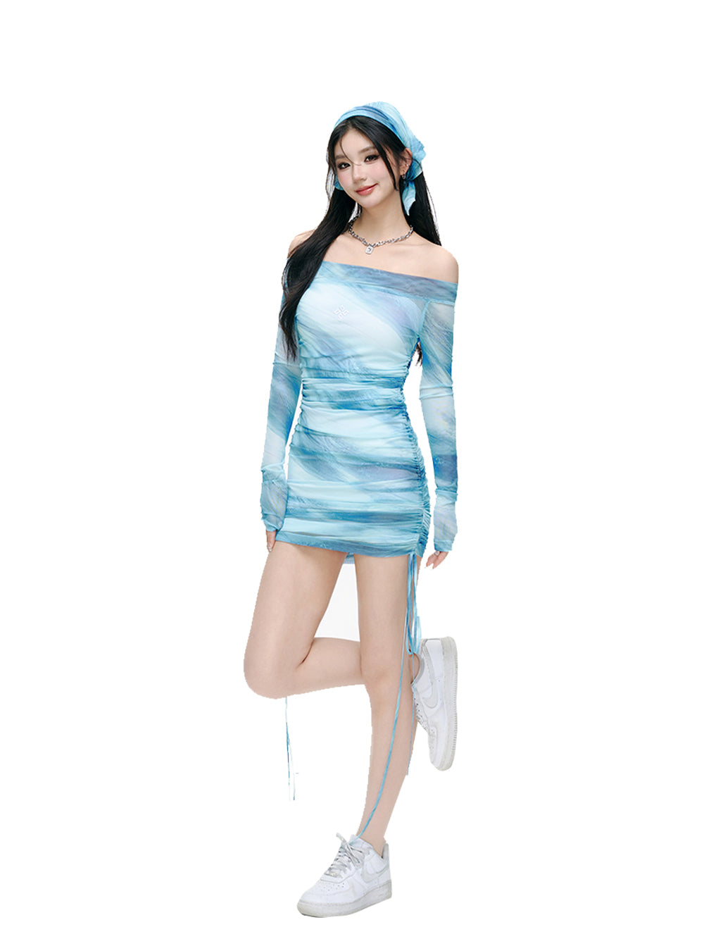 MUKTANK x ARDENCODE Fitted Ruched Mesh One-Shoulder Bandeau Dress