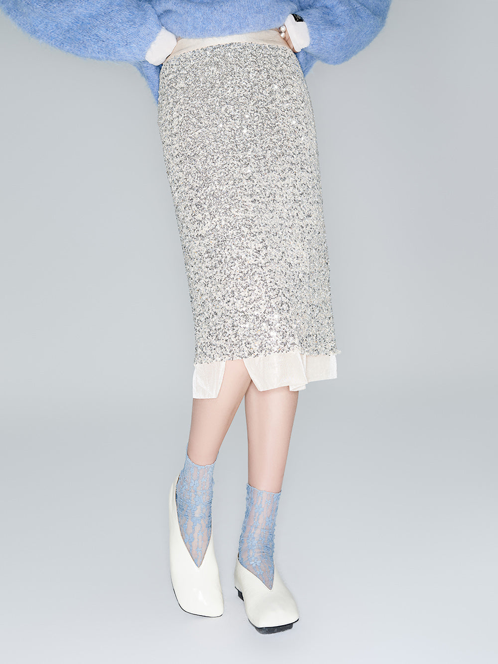 MUKZIN Linglong Champagne Sequined Straight "Floating Shimmer Skirt"