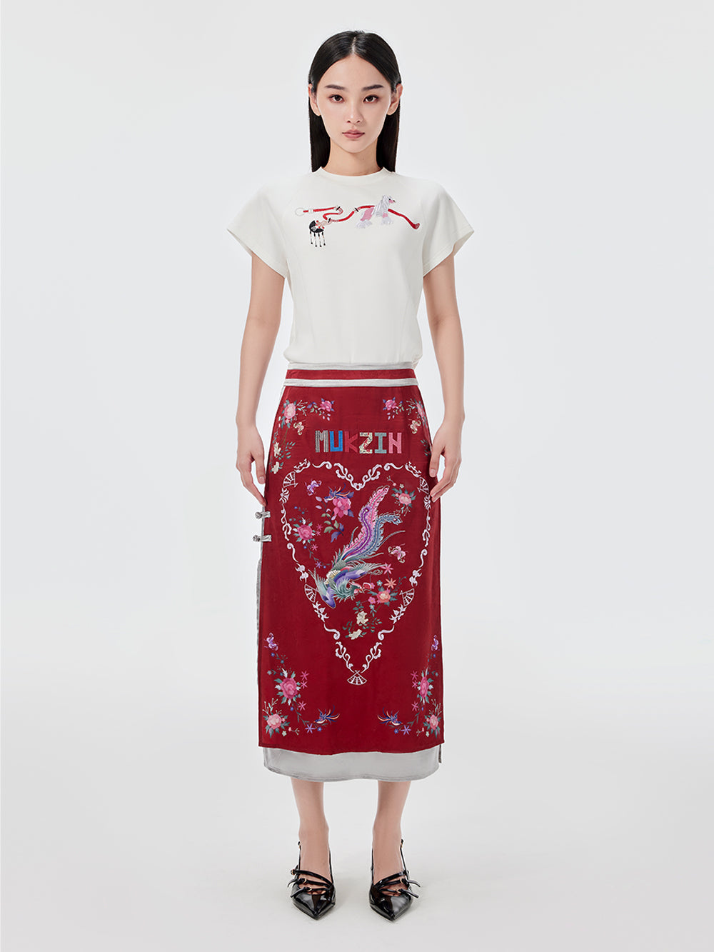 MUKZIN Red Embroidered Chinese Ethnic Style Midi Skirt