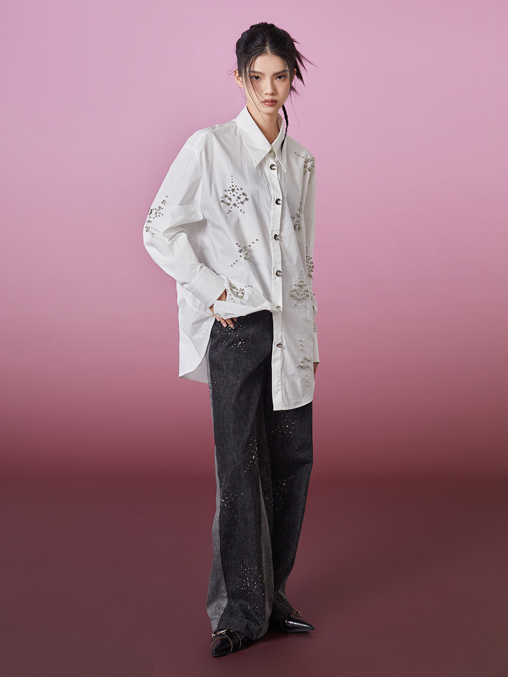 MUKZIN Silver Rivets Loose-fitting White Shirt