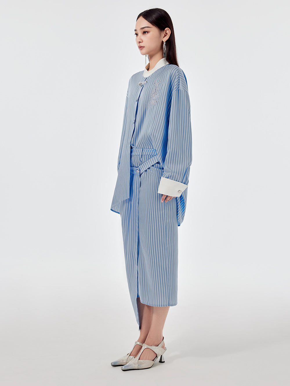 MUKZIN Linglong Series "Biluo" Blue and White Striped Improved Tang Suit Shirt
