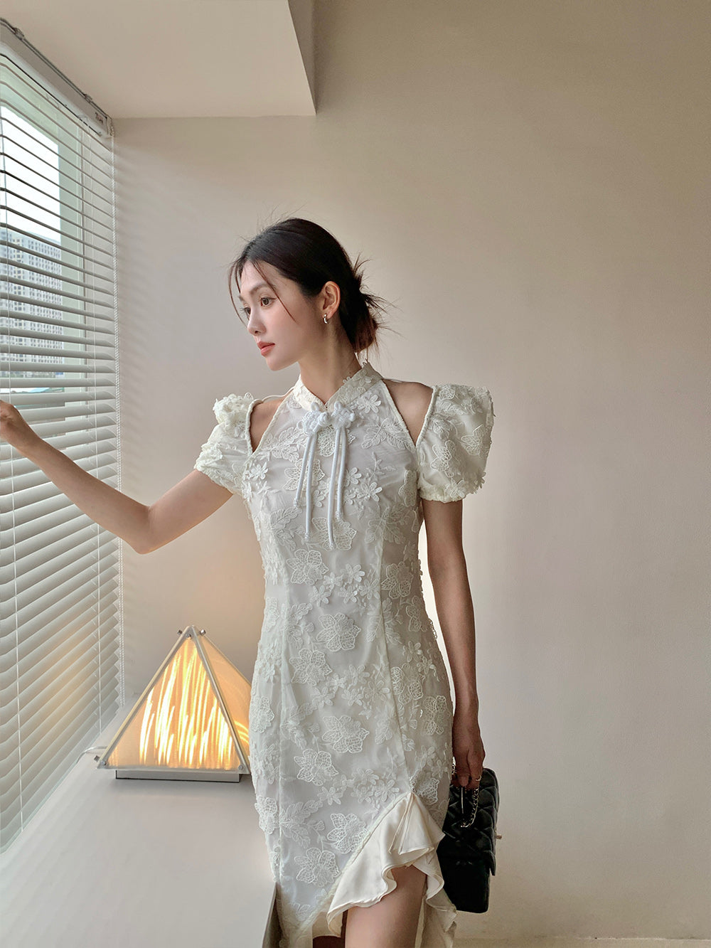 MUKZIN Lace Print Hollow Puff Sleeve Cheongsam Qi Pao