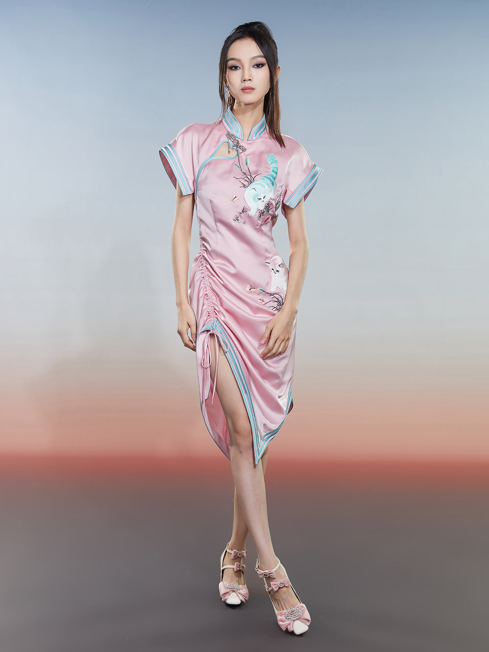 MUKZIN Cat Print Sleeveless Drawstring Cheongsam Qi Pao