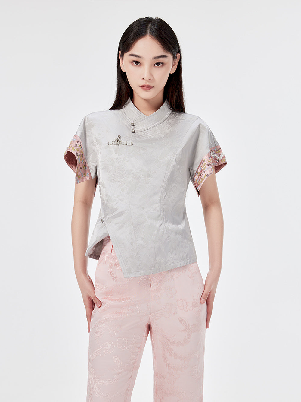MUKZIN Silver Jacquard Ultra Short-sleeved Cheongsam Shirt