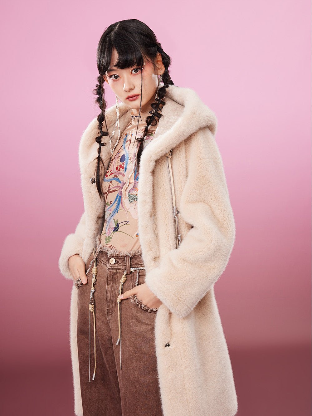 MUKZIN Cute Warm Long Beige Fur Coat