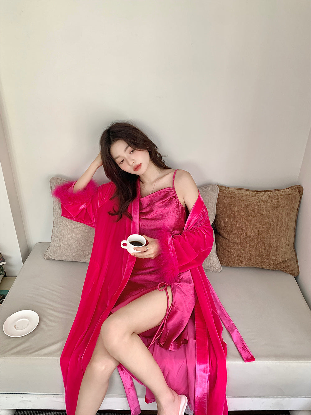 WS Rose Red/ Pink Velvet Turkey Feather Pajamas+Socks