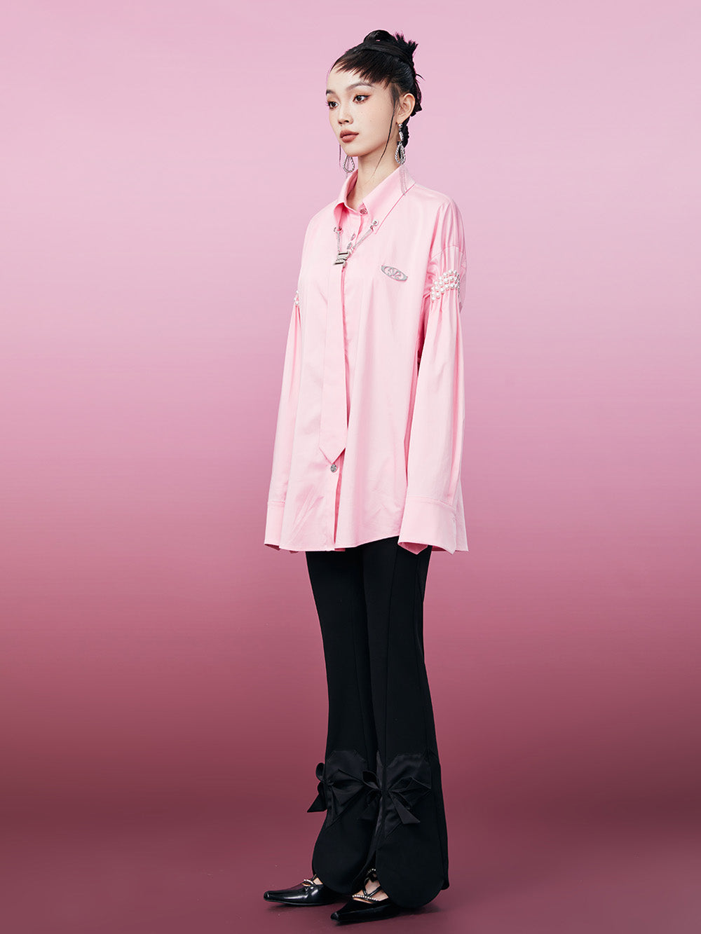 MUKZIN Pink Fashion Pearl Embellished Long Sleeve Shirt (With Tie)