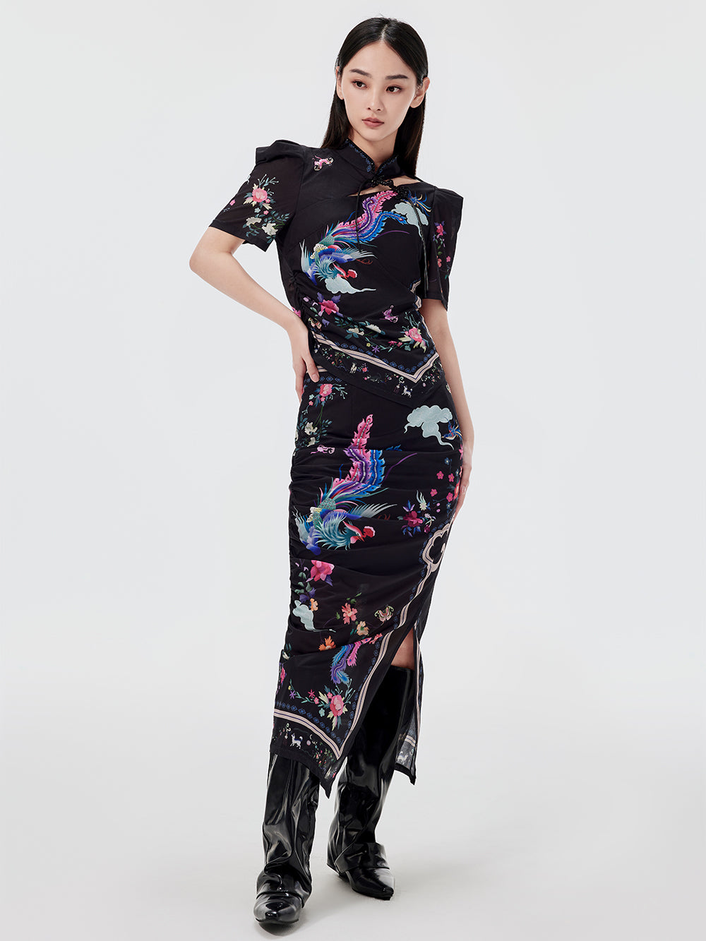 MUKZIN Chinese Style Printed Slit Skirt