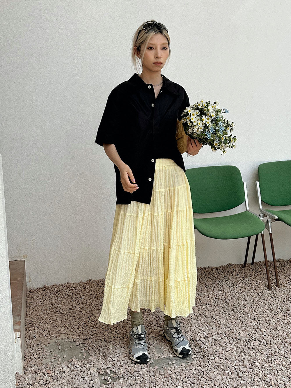 MUKTANK x TPG Yellow Crinkle Pleated Voluminous Vacation-Style A-Line Skirt