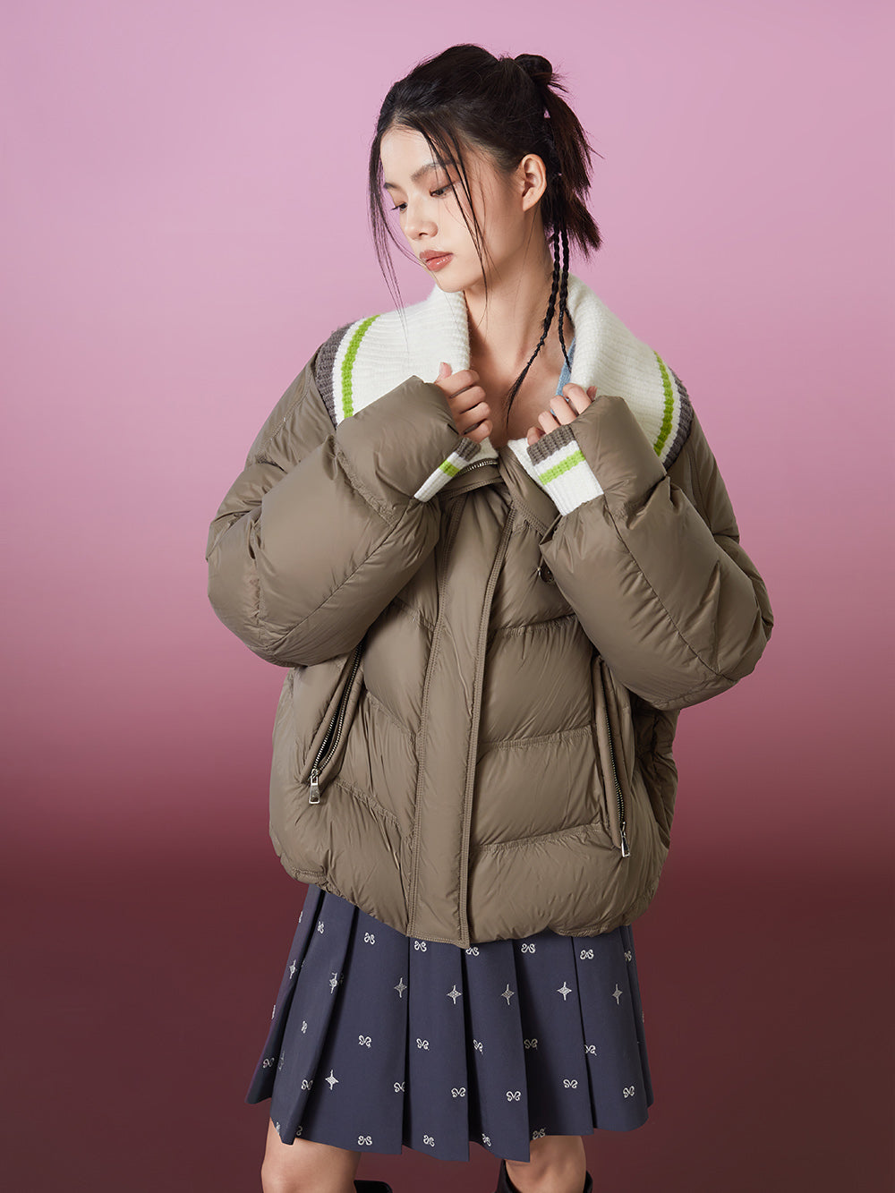 MUKZIN  Khaki Green Warm Versatile Down Jacket with Detachable Collar
