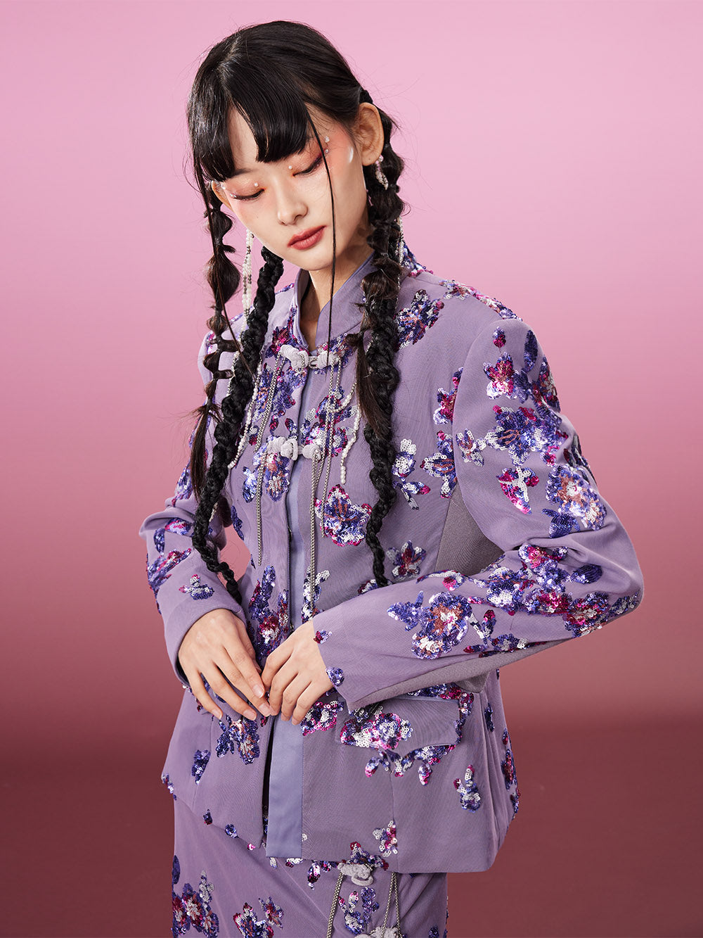 MUKZIN Slim Purple Chinese Style Printed Coat