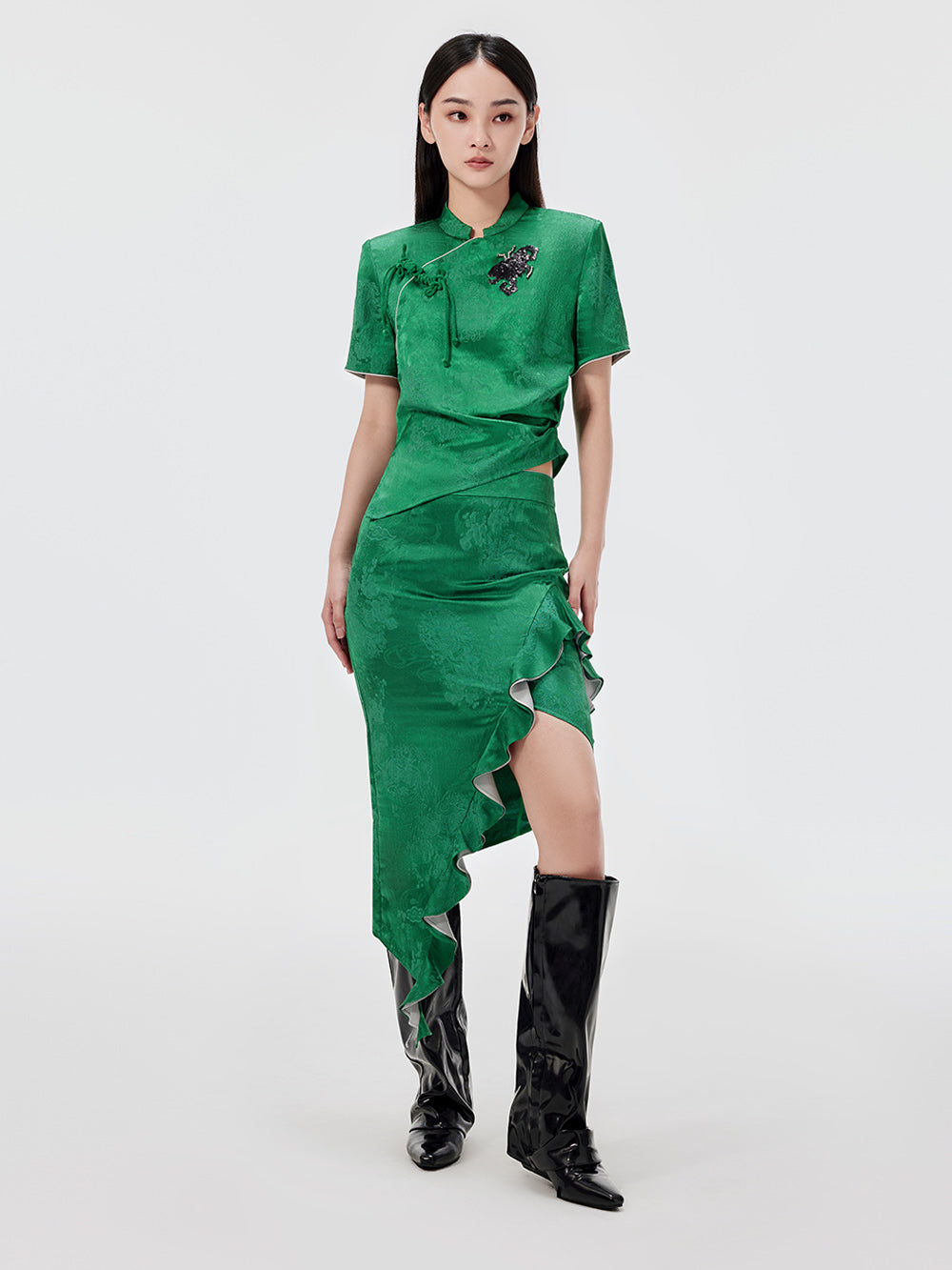 MUKZIN Green Chinese Button Design Short T-shirt