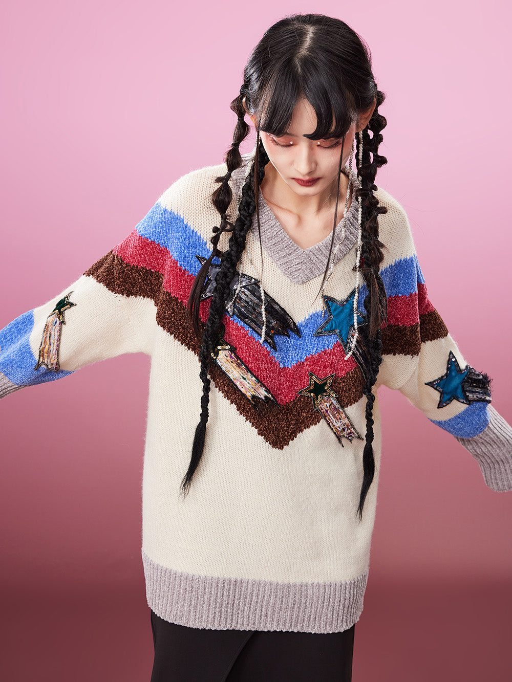 MUKZIN Retro V-neck PatchworkPopular Sweater Contrasting Colors