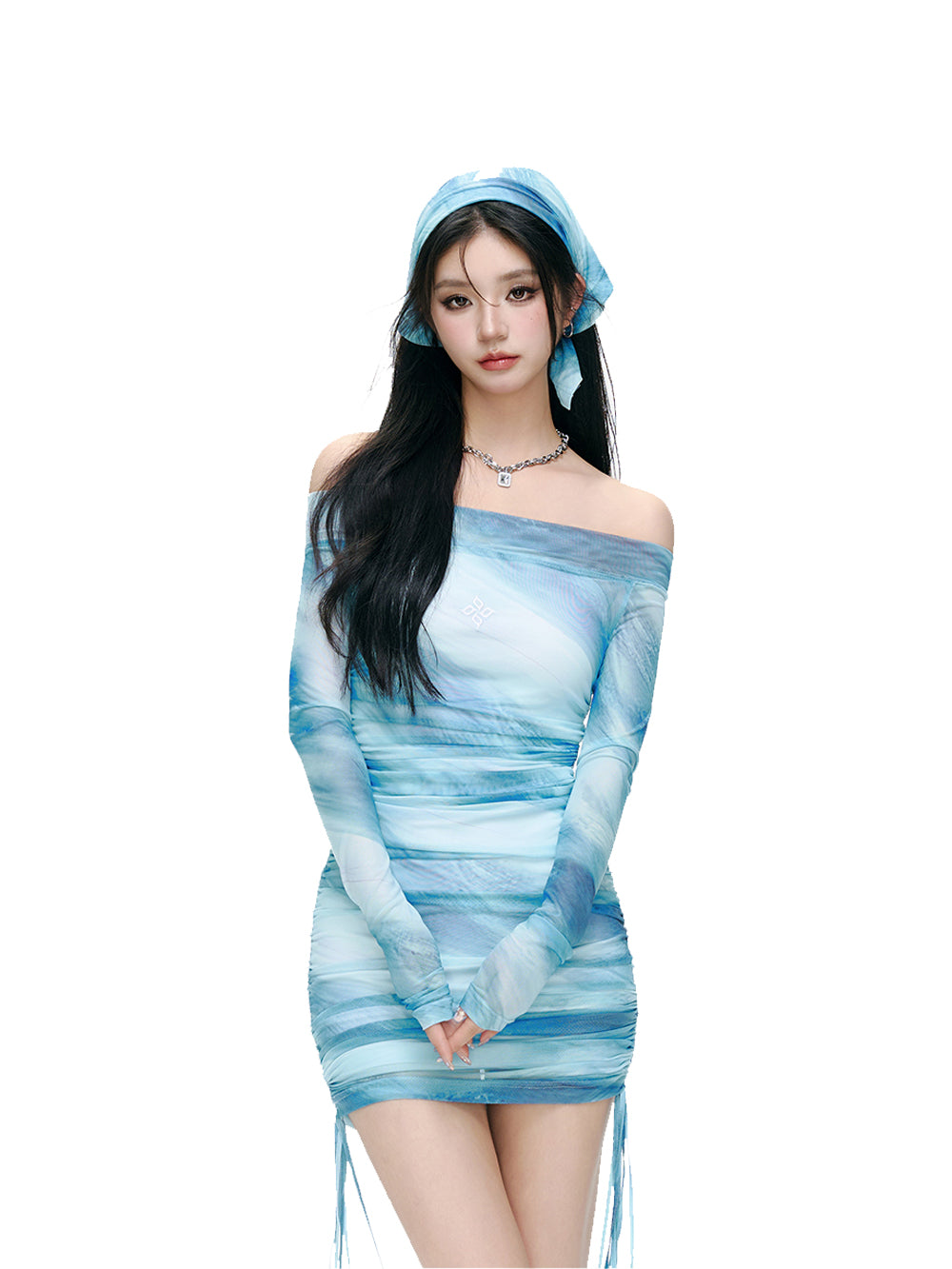 MUKTANK x ARDENCODE Fitted Ruched Mesh One-Shoulder Bandeau Dress
