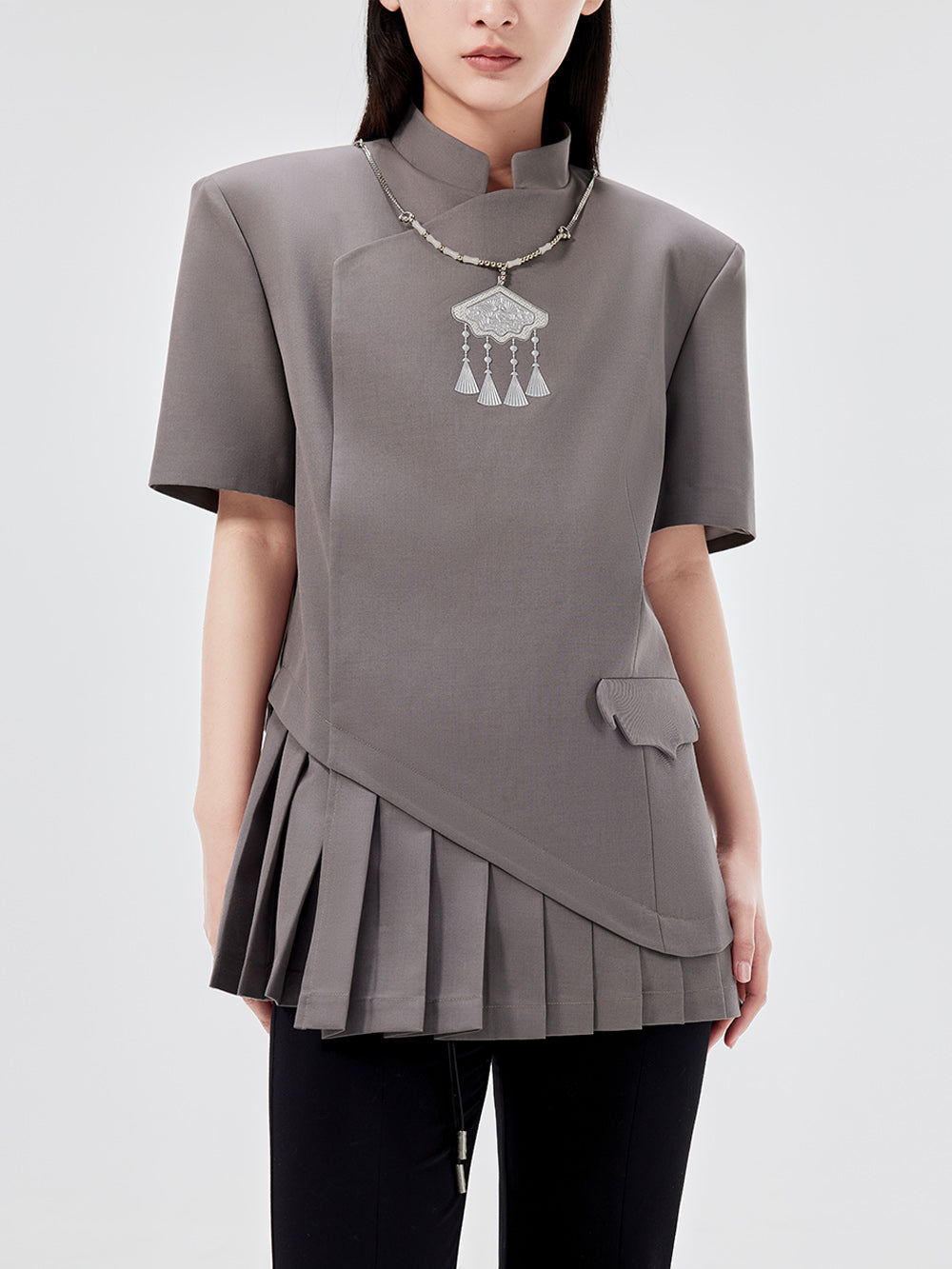 MUKZIN Chinese Style Stand Collar Skirt Design Short Sleeve Jacket