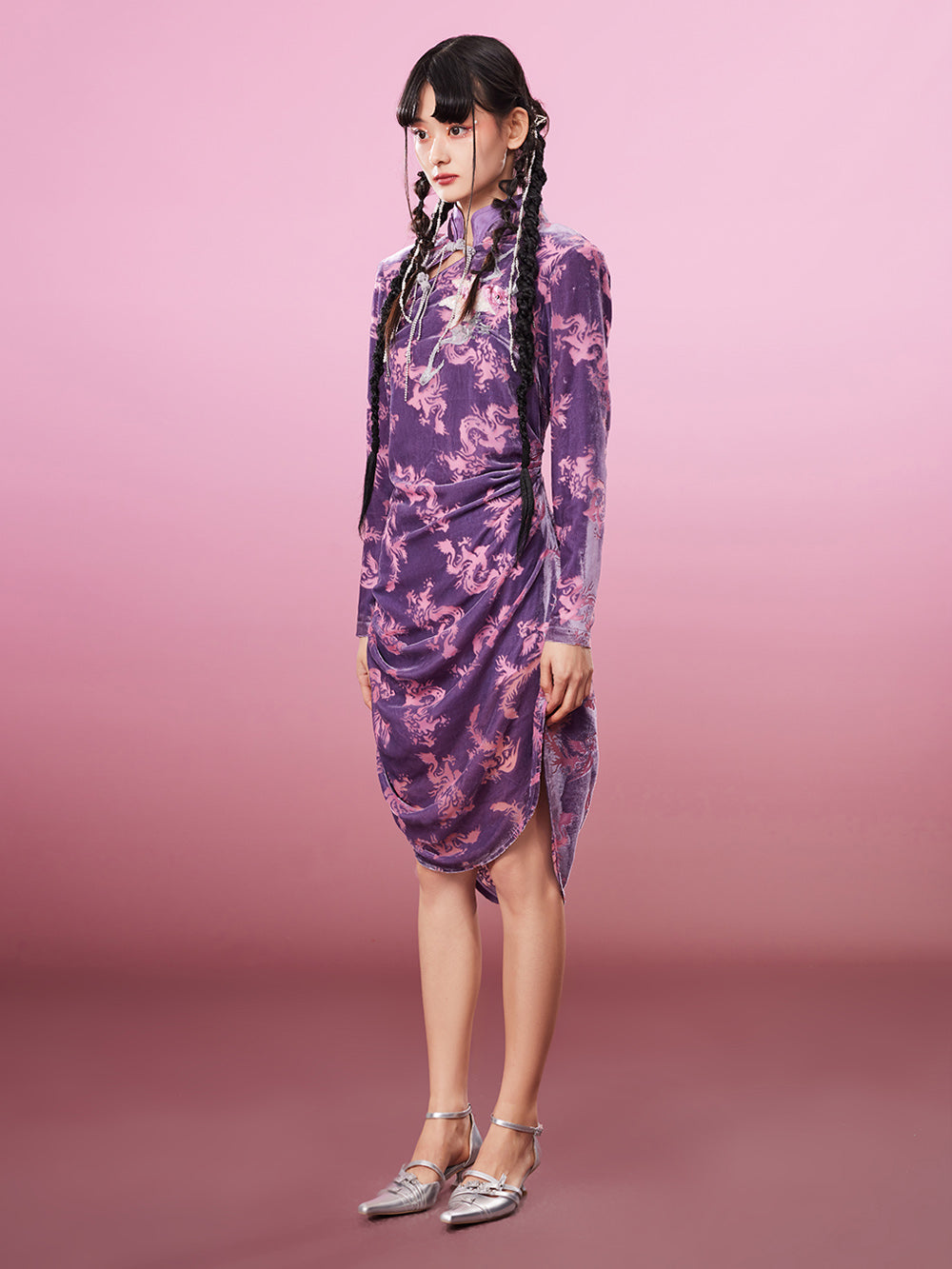 MUKZIN Waist Stand Collar Purple Embroidered Classic Cheongsam Dress