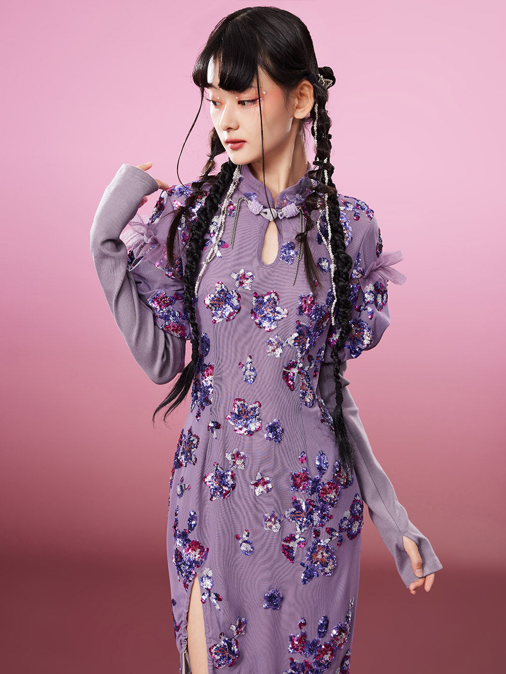 MUKZIN Charming Slim-fitting Purple Slit Original Cheongsam Dress