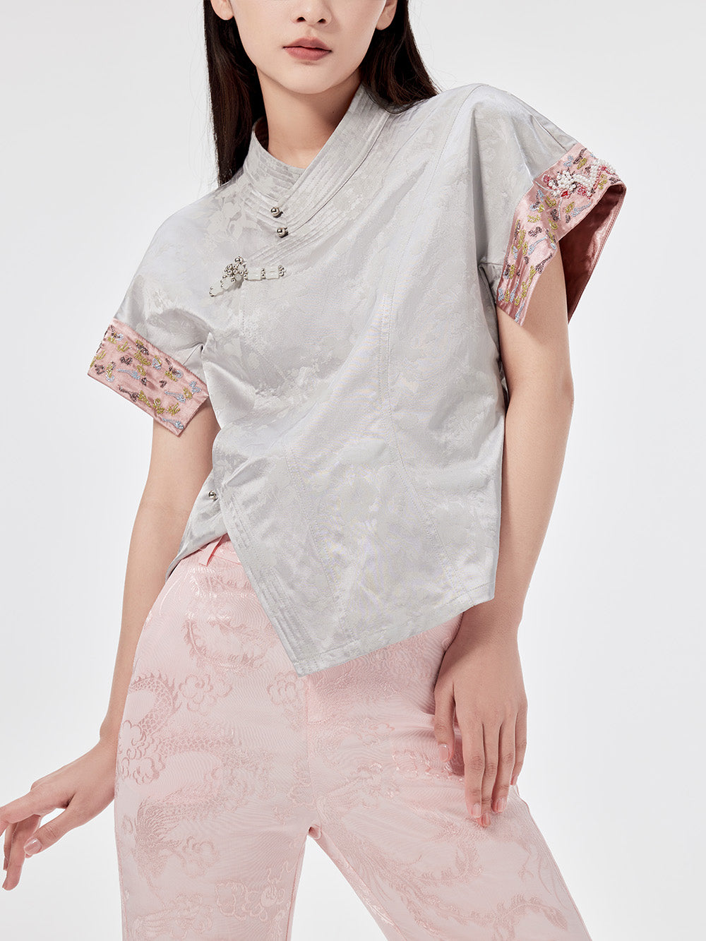 MUKZIN Silver Jacquard Ultra Short-sleeved Cheongsam Shirt