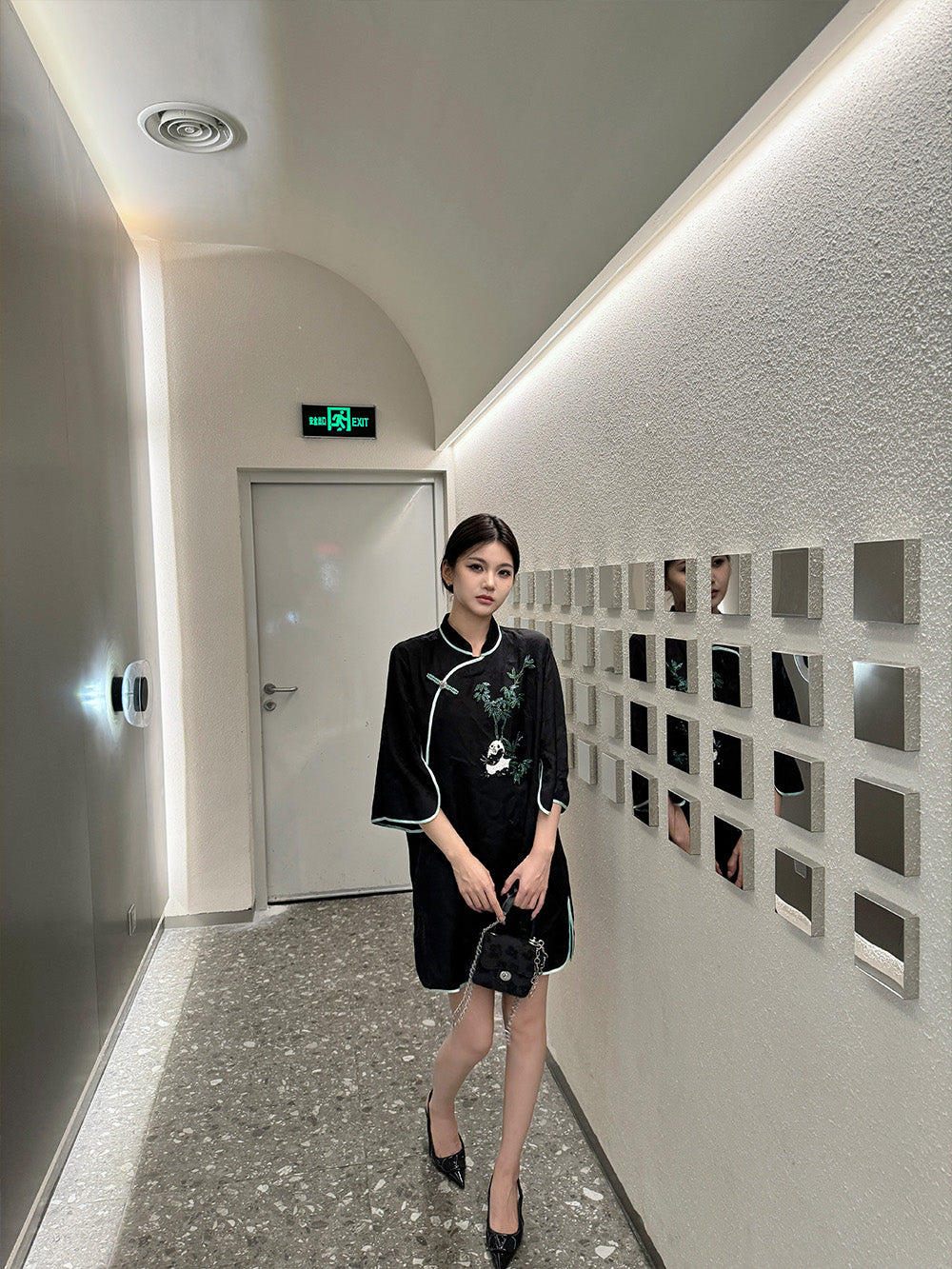 MUKZIN Black Panda Embroidered Cheongsam Dress
