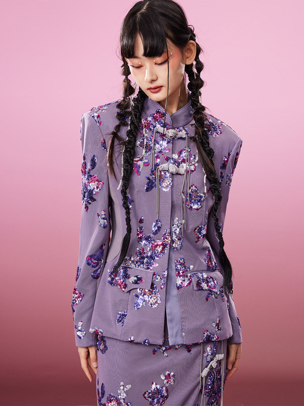 MUKZIN Slim Purple Chinese Style Printed Coat