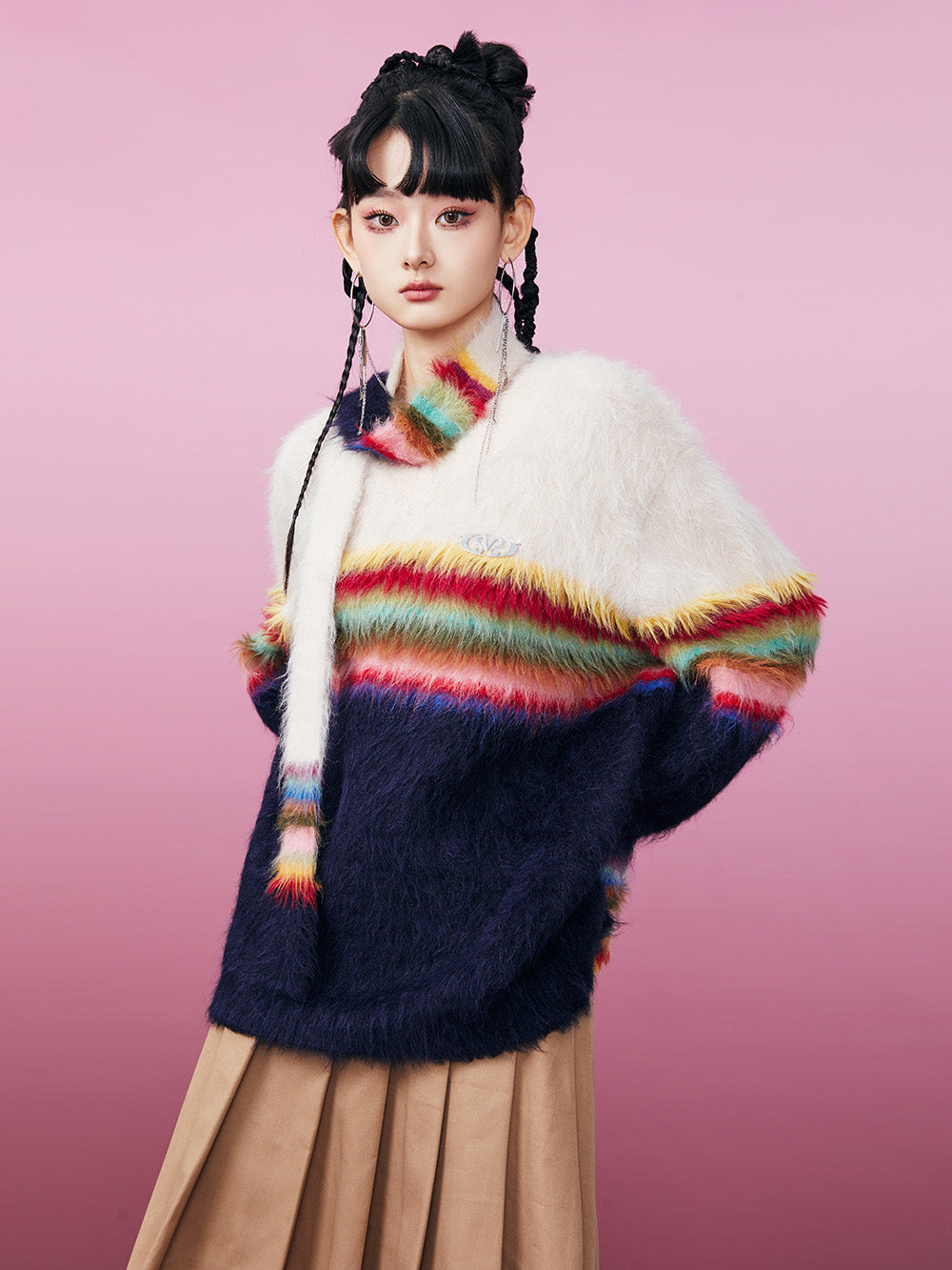 MUKZIN Rainbow Striped Oversized Sweater with Scarf