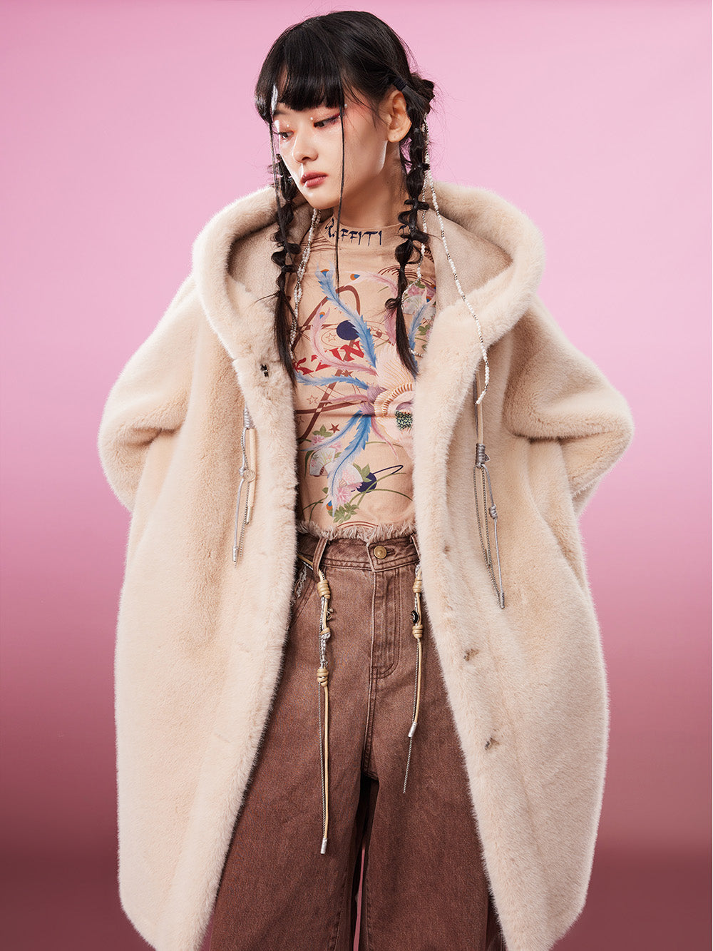 MUKZIN Cute Warm Long Beige Fur Coat