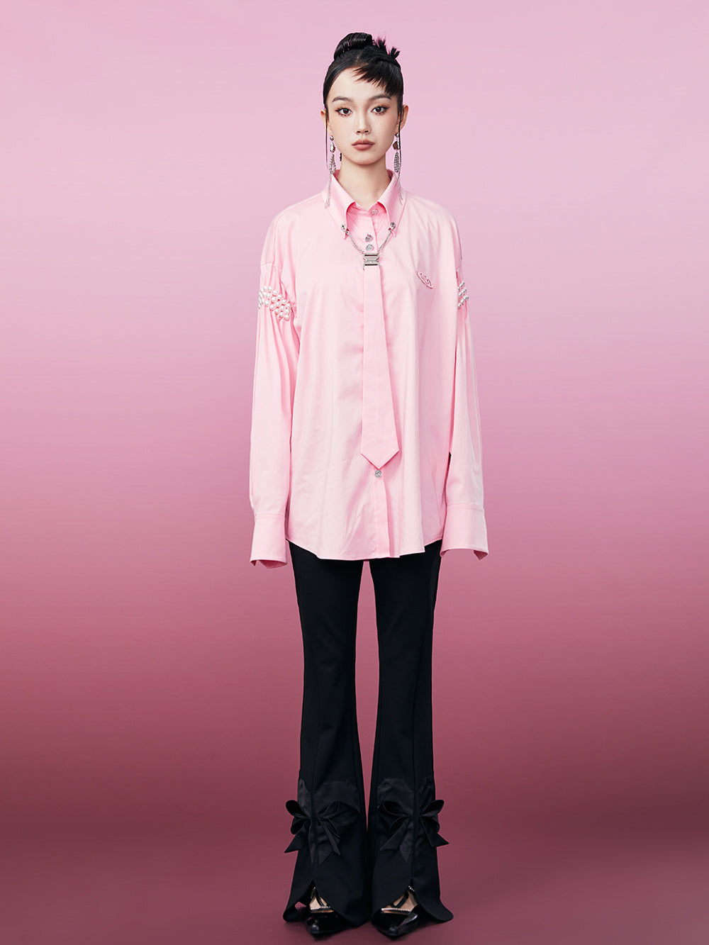 MUKZIN Pink Fashion Pearl Embellished Long Sleeve Shirt (With Tie)