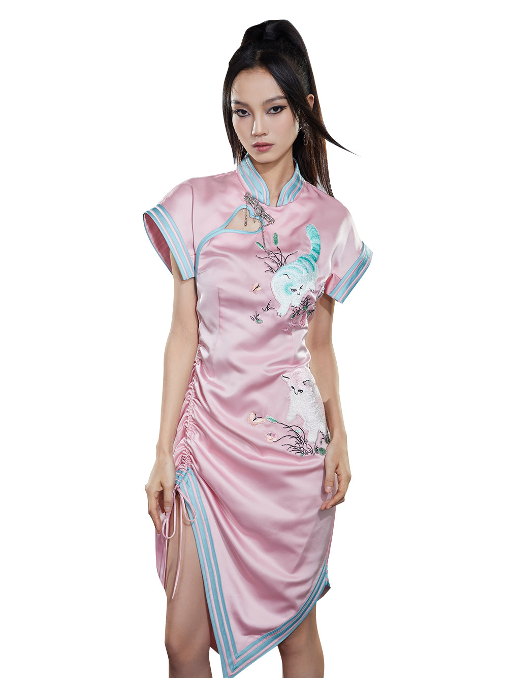 MUKZIN Cat Print Sleeveless Drawstring Cheongsam Qi Pao