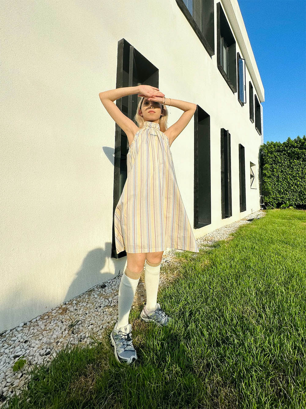MUKTANK x TPG Yellow and White Striped Halter Neck Dress