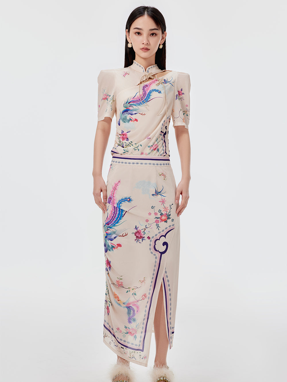 MUKZIN Chinese Style Small Stand Collar Printed Hollow Short T-shirt