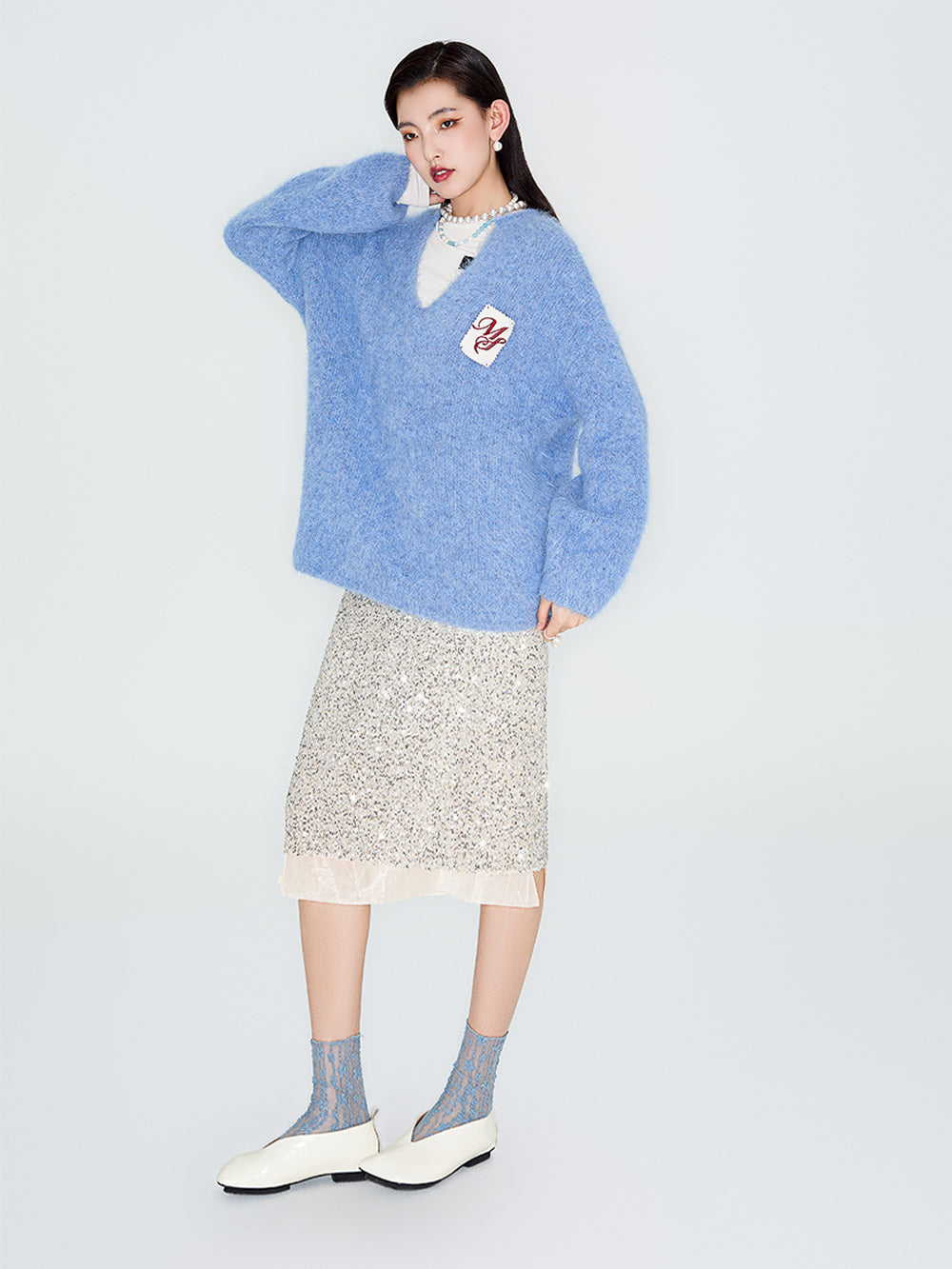 MUKZIN Linglong Champagne Sequined Straight "Floating Shimmer Skirt"
