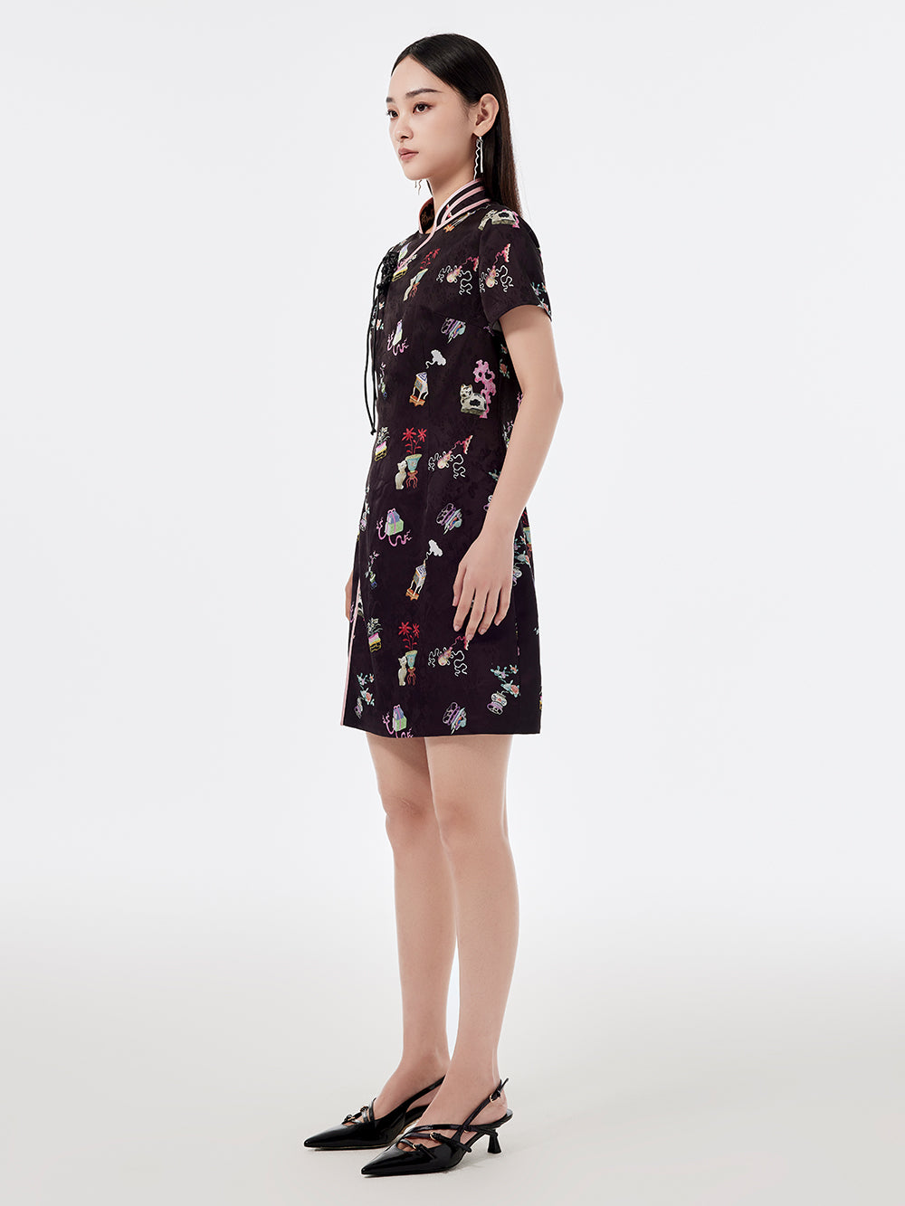 MUKZIN Creative Printed Slit Short-Sleeved Cheongsam