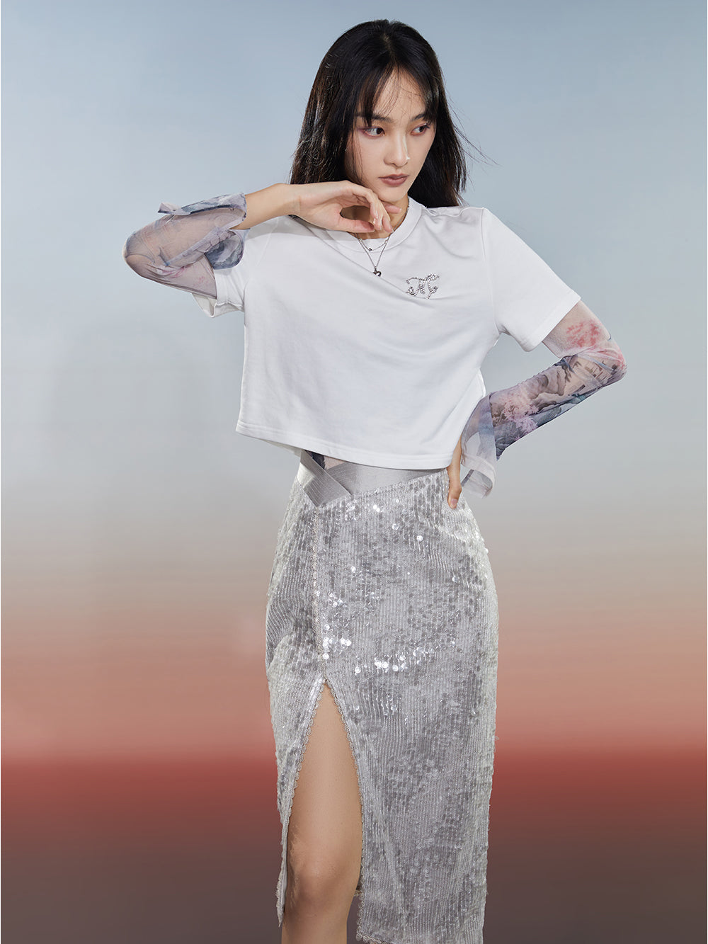 MUKZIN Sequin Straight Midi Skirt