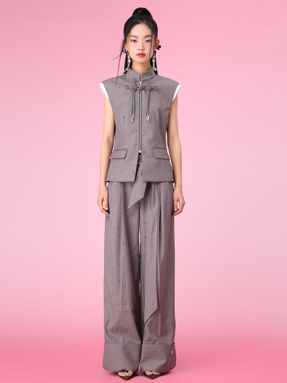 MUKZIN Color-block Chinese Style Retro Gray Stand-up Collar Vest