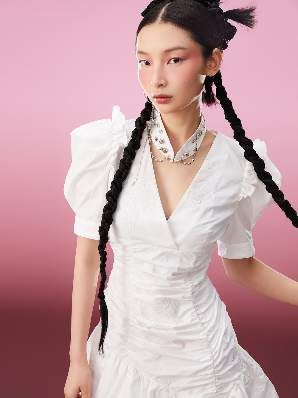 MUKZIN Elegant Original Temperament Cheongsam V-neck White Ruffles
