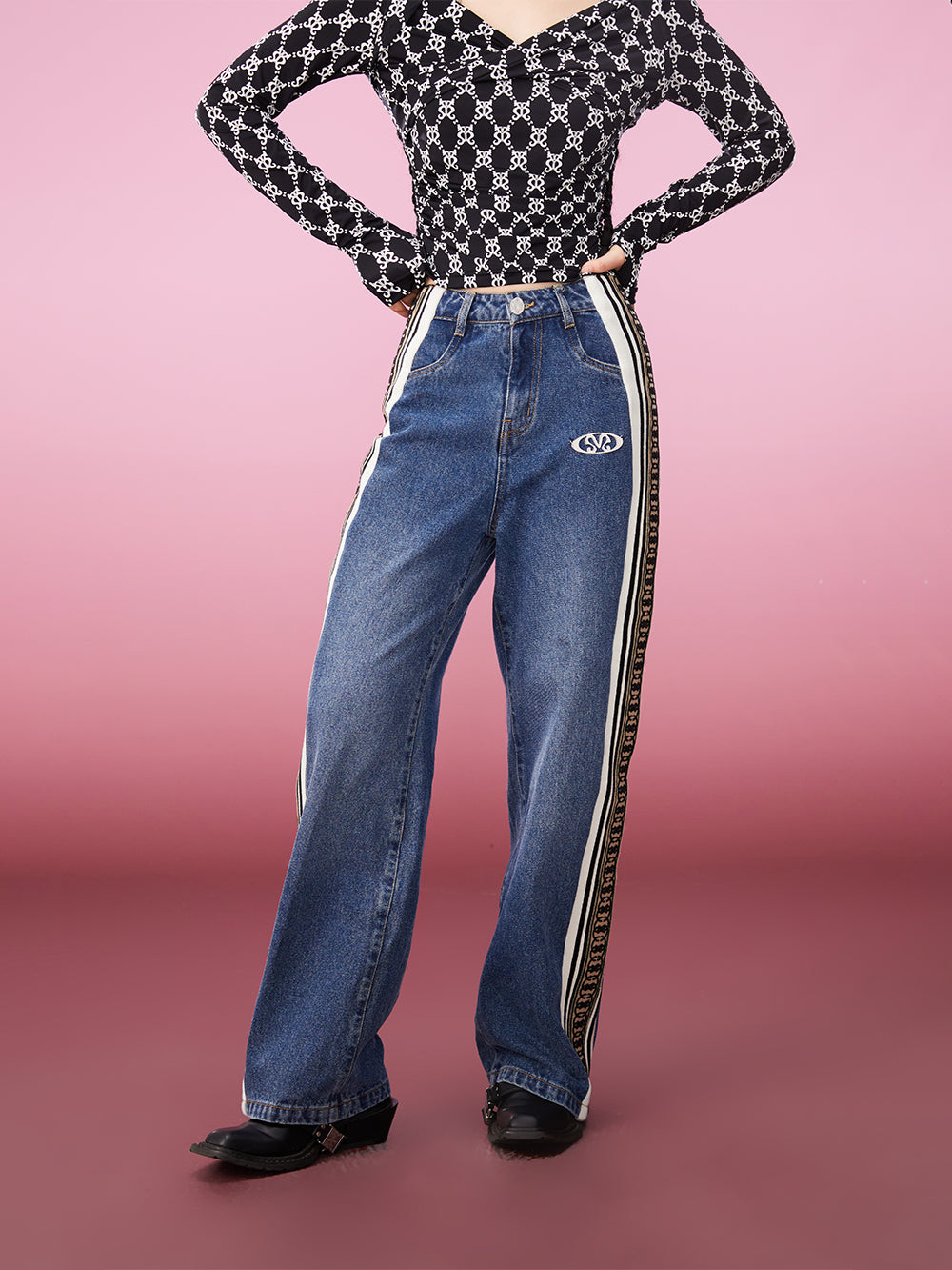 MUKZIN Striped Stitching Loose Casual Classic All-match Jeans