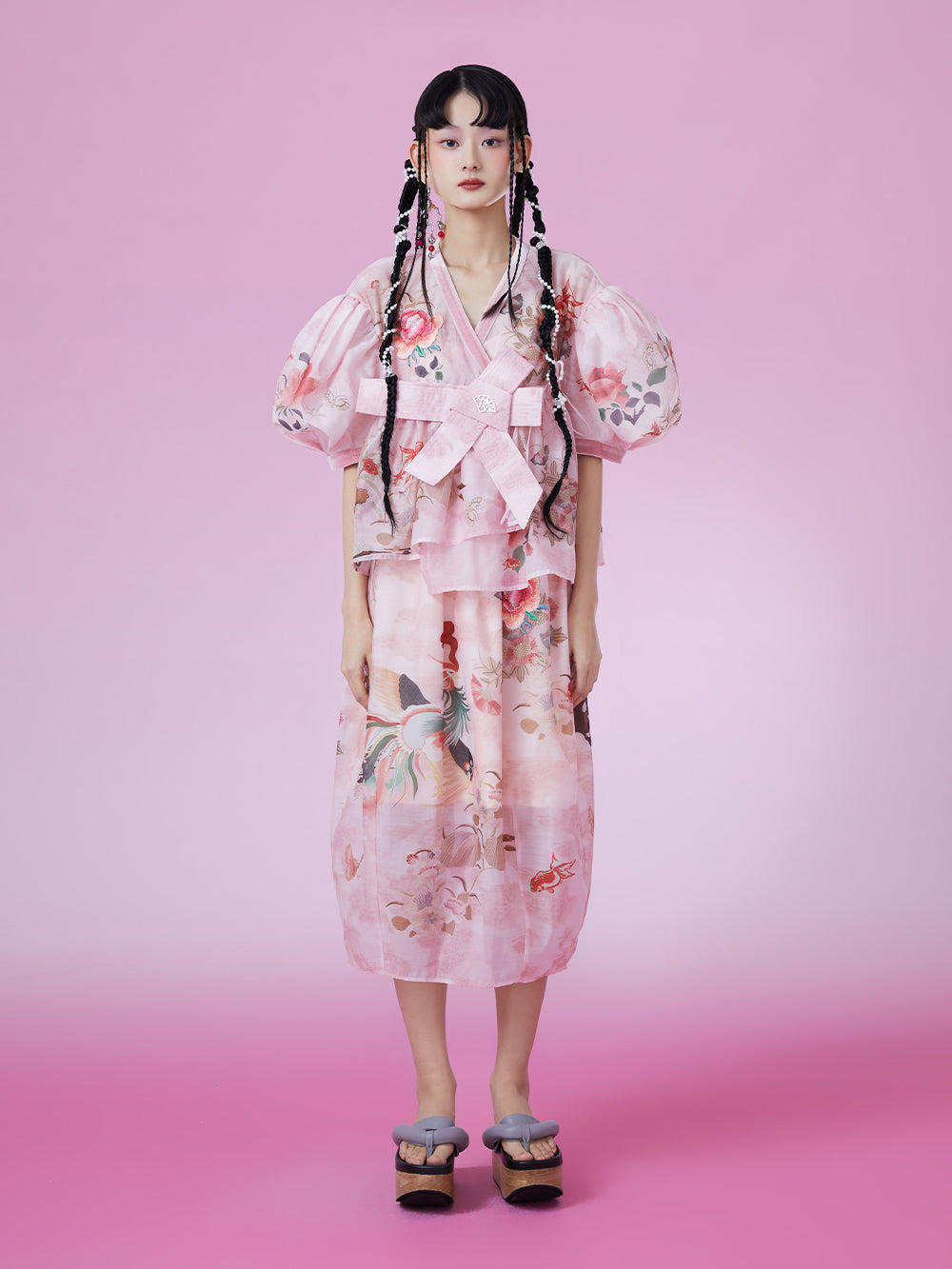 MUKZIN V-neck Bow Puff Sleeve Print Retro Elegant T-shirts