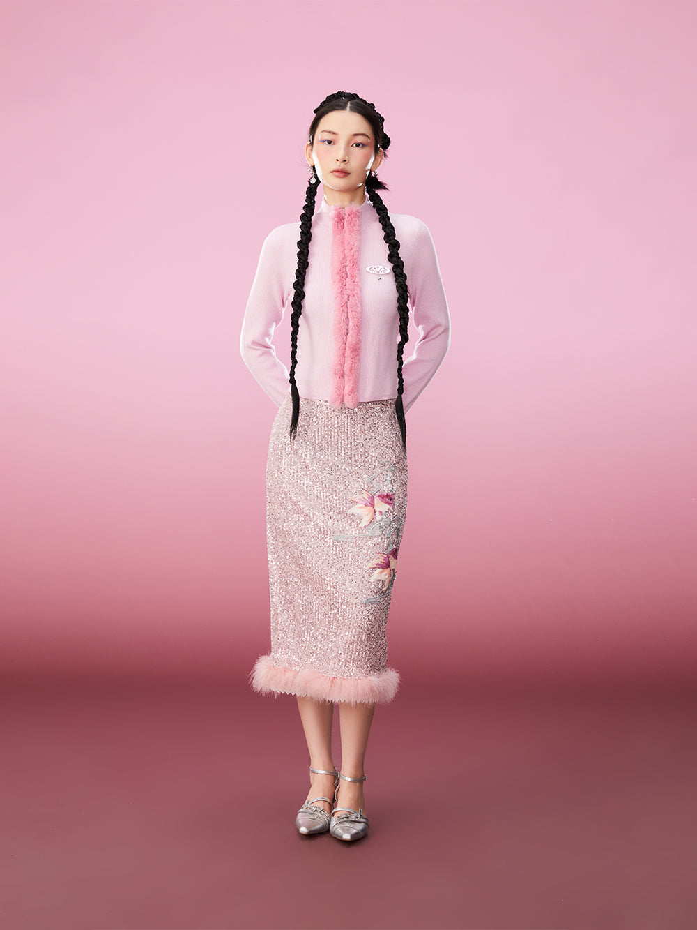 MUKZIN Pink Sweet Rabbit Fur Decoration Simple Slim Cardigan