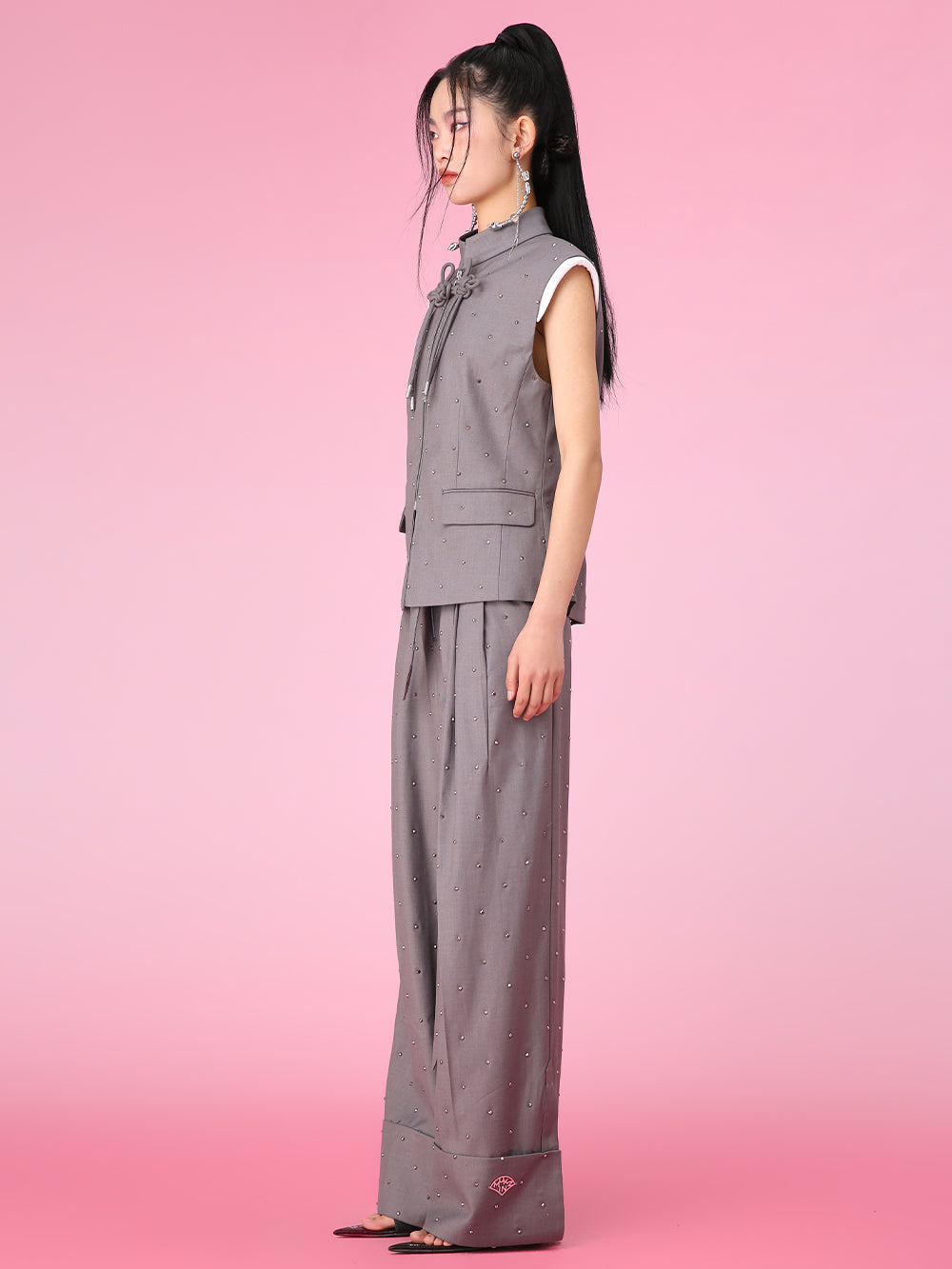 MUKZIN Color-block Chinese Style Retro Gray Stand-up Collar Vest