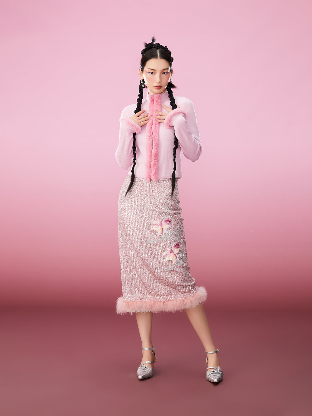 MUKZIN Pink Sweet Rabbit Fur Decoration Simple Slim Cardigan