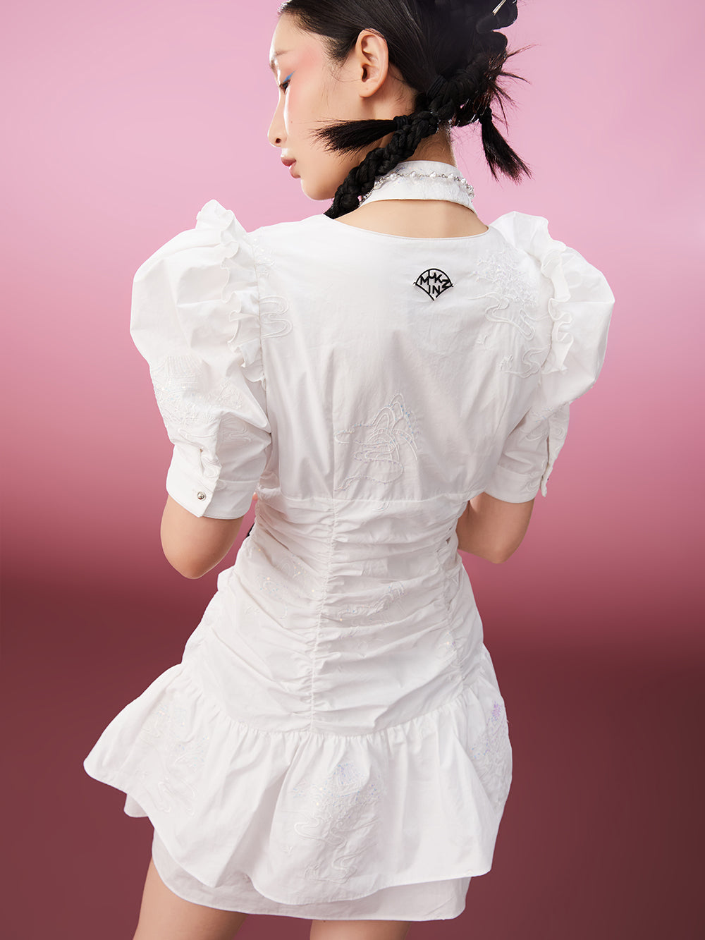 MUKZIN Elegant Original Temperament Cheongsam V-neck White Ruffles